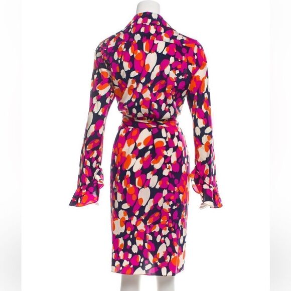 Diane Von Furstenburg DVF Manala pink print silk button up ruffle dress 4 - Picture 3 of 8